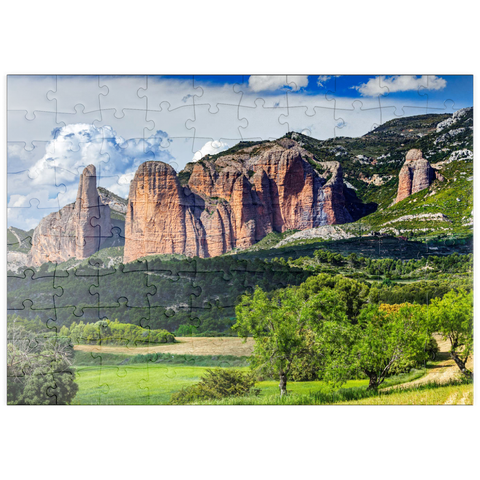 puzzleplate Felsformation Los Mallos de Riglos am Bergdorf Riglos in der Sierra de Loarre 100 Puzzle