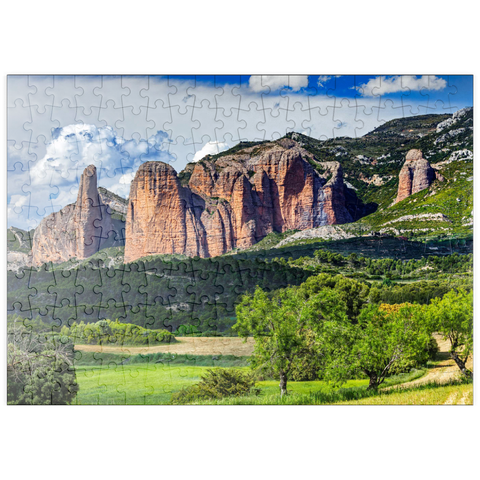 puzzleplate Felsformation Los Mallos de Riglos am Bergdorf Riglos in der Sierra de Loarre 200 Puzzle