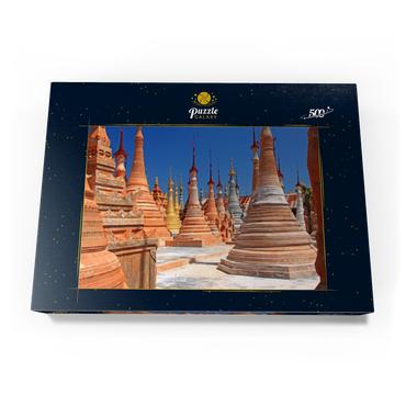 Pagodenwald von Stupas der Shwe-Indein-Pagode beim Dorf Indein am Inle See, Shan Staat, Myanmar (Burma) 500 Puzzle Schachtel Ansicht3