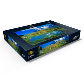 Darstellung des Puzzle Motivs Kühe am Weiher gegen Eiger-Nordwand (3970m) und Mönch (4107m) - Puzzleteile: 1000
