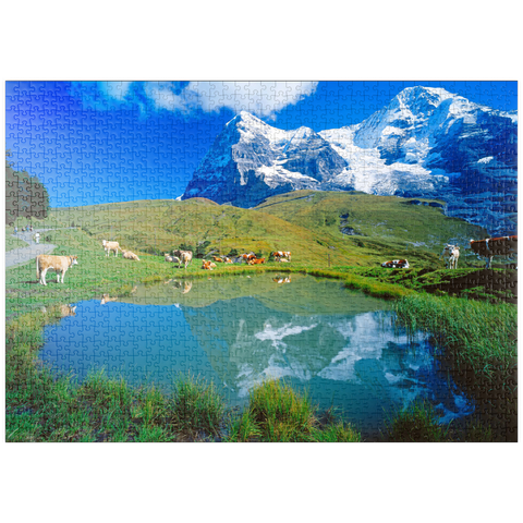 puzzleplate Kühe am Weiher gegen Eiger-Nordwand (3970m) und Mönch (4107m) 1000 Puzzle