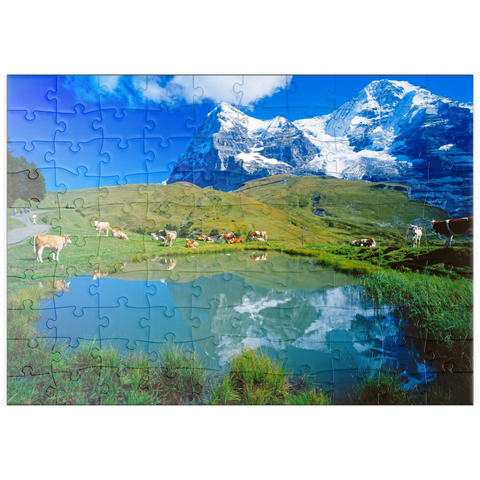 puzzleplate Kühe am Weiher gegen Eiger-Nordwand (3970m) und Mönch (4107m) 100 Puzzle