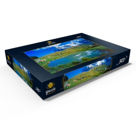 Darstellung des Puzzle Motivs Kühe am Weiher gegen Eiger-Nordwand (3970m) und Mönch (4107m) - Puzzleteile: 500