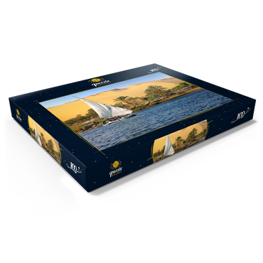 Feluke auf dem Nil gegen die Berge der Libyschen Wüste, Assuan, Ägypten 100 Puzzle Schachtel Ansicht1