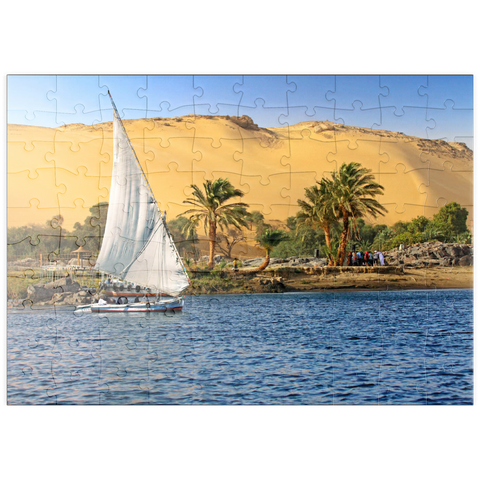 puzzleplate Feluke auf dem Nil gegen die Berge der Libyschen Wüste, Assuan, Ägypten 100 Puzzle