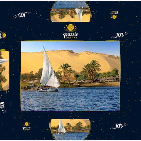 Feluke auf dem Nil gegen die Berge der Libyschen Wüste, Assuan, Ägypten 100 Puzzle Schachtel 3D Modell