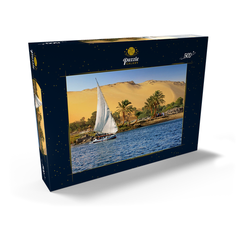 Feluke auf dem Nil gegen die Berge der Libyschen Wüste, Assuan, Ägypten 500 Puzzle Schachtel Ansicht2