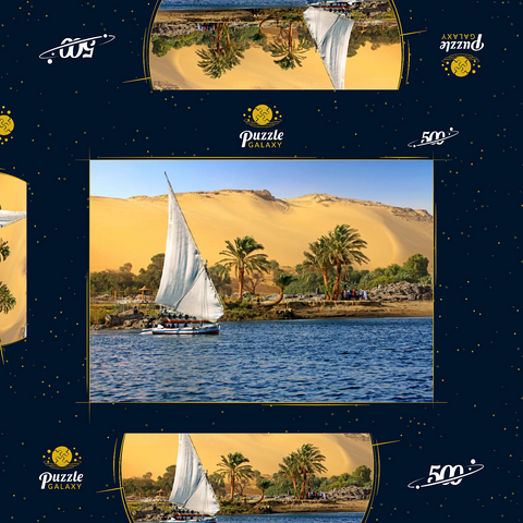 Feluke auf dem Nil gegen die Berge der Libyschen Wüste, Assuan, Ägypten 500 Puzzle Schachtel 3D Modell