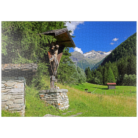 Darstellung des Puzzle-Motivs Luis Trenker Kreuz im Malerwinkel, Kötschachtal mit Bocksteinkogel und Tischlergruppe – Puzzleteile: 1000