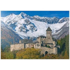 Darstellung des Puzzle-Motivs Burg Taufers in Sand in Taufers gegen Schwarzenstein (3369m) – Puzzleteile: 1000