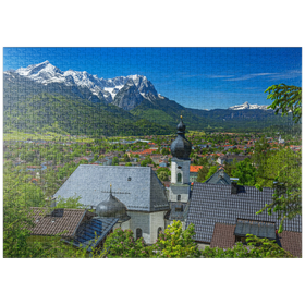 Darstellung des Puzzle-Motivs Kirche St. Anton gegen Zugspitzgruppe (2962m) und Daniel (2342m) in Tirol – Puzzleteile: 1000