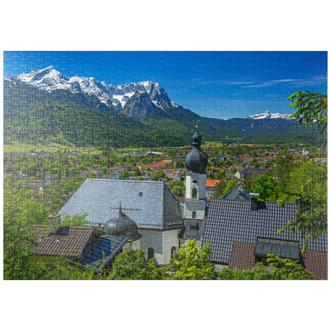 puzzleplate Kirche St. Anton gegen Zugspitzgruppe (2962m) und Daniel (2342m) in Tirol 1000 Puzzle
