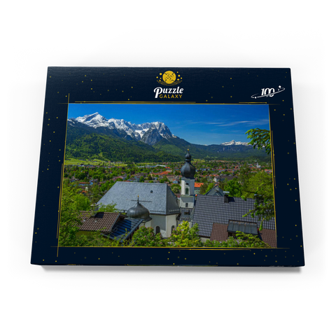 Kirche St. Anton gegen Zugspitzgruppe (2962m) und Daniel (2342m) in Tirol 100 Puzzle Schachtel Ansicht3
