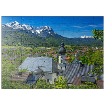 puzzleplate Kirche St. Anton gegen Zugspitzgruppe (2962m) und Daniel (2342m) in Tirol 100 Puzzle