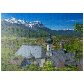 Darstellung des Puzzle Motivs Kirche St. Anton gegen Zugspitzgruppe (2962m) und Daniel (2342m) in Tirol - Puzzleteile: 200