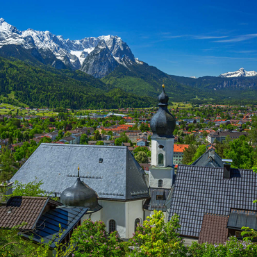 Kirche St. Anton gegen Zugspitzgruppe (2962m) und Daniel (2342m) in Tirol 200 Puzzle 3D Modell