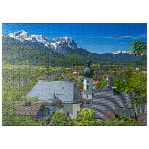 puzzleplate Kirche St. Anton gegen Zugspitzgruppe (2962m) und Daniel (2342m) in Tirol 500 Puzzle