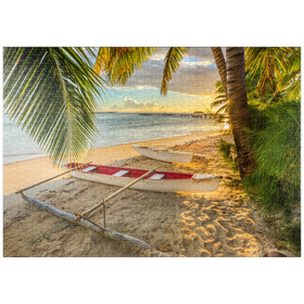 Darstellung des Puzzle-Motivs Palmenstrand am Hotel Les Tipaniers am Hauru Point, Insel Moorea – Puzzleteile: 1000