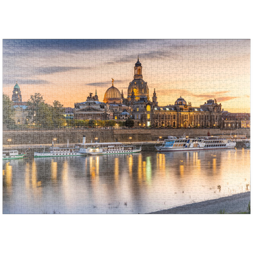 puzzleplate Brühlsche Terrasse an der Elbe mit der Frauenkirche und der Hochschule für Bildende Künste bei Sonnenuntergang 1000 Puzzle