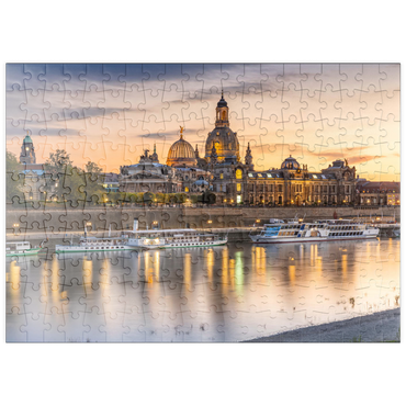 puzzleplate Brühlsche Terrasse an der Elbe mit der Frauenkirche und der Hochschule für Bildende Künste bei Sonnenuntergang 200 Puzzle
