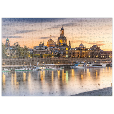 puzzleplate Brühlsche Terrasse an der Elbe mit der Frauenkirche und der Hochschule für Bildende Künste bei Sonnenuntergang 500 Puzzle
