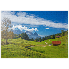 Darstellung des Puzzle-Motivs Am Berggasthof Gschwandtnerbauer gegen Zugspitzgruppe, Garmisch-Partenkirchen – Puzzleteile: 1000