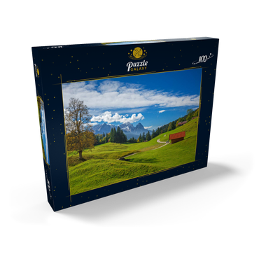 Am Berggasthof Gschwandtnerbauer (1020m) gegen Zugspitzgruppe (2962m), Garmisch-Partenkirchen 100 Puzzle Schachtel Ansicht2