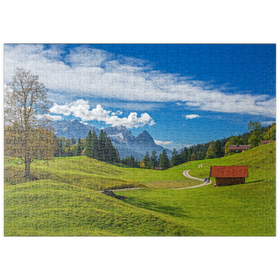 Darstellung des Puzzle-Motivs Am Berggasthof Gschwandtnerbauer gegen Zugspitzgruppe, Garmisch-Partenkirchen – Puzzleteile: 500