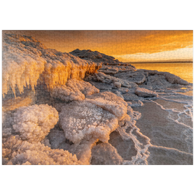 Darstellung des Puzzle-Motivs Salzkristalle am Ufer im Abendlicht, Totes Meer (Dead Sea), Jordantal, Jordanien – Puzzleteile: 1000