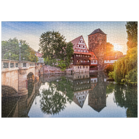 Darstellung des Puzzle-Motivs Weinstadel und Wasserturm am Henkersteg an der Pegnitz, Nürnberg – Puzzleteile: 1000