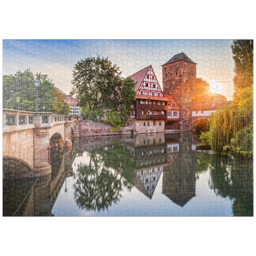 puzzleplate Weinstadel und Wasserturm am Henkersteg an der Pegnitz, Nürnberg, Mittelfranken, Bayern, Deutschland 1000 Puzzle