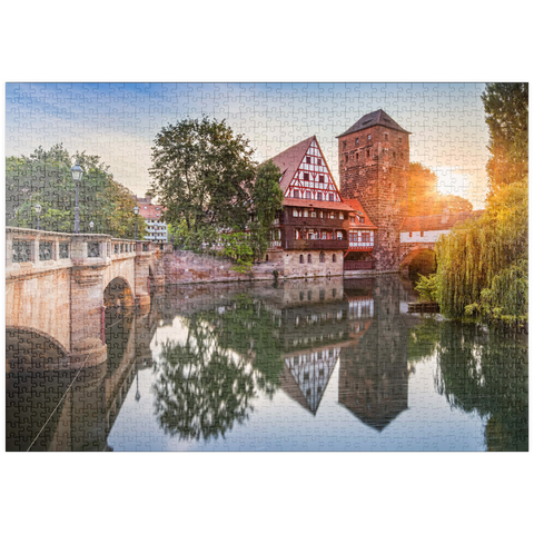 puzzleplate Weinstadel und Wasserturm am Henkersteg an der Pegnitz, Nürnberg, Mittelfranken, Bayern, Deutschland 1000 Puzzle