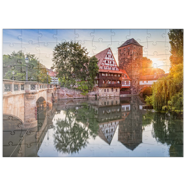 puzzleplate Weinstadel und Wasserturm am Henkersteg an der Pegnitz, Nürnberg, Mittelfranken, Bayern, Deutschland 100 Puzzle