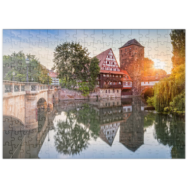 puzzleplate Weinstadel und Wasserturm am Henkersteg an der Pegnitz, Nürnberg, Mittelfranken, Bayern, Deutschland 200 Puzzle