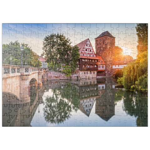 puzzleplate Weinstadel und Wasserturm am Henkersteg an der Pegnitz, Nürnberg, Mittelfranken, Bayern, Deutschland 200 Puzzle