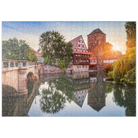 Darstellung des Puzzle-Motivs Weinstadel und Wasserturm am Henkersteg an der Pegnitz, Nürnberg – Puzzleteile: 500