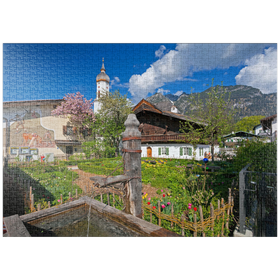 Darstellung des Puzzle-Motivs Polznkasparhaus mit Kirche St. Martin am Mohrenplatz in Garmisch-Partenkirchen – Puzzleteile: 1000
