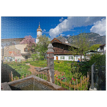 puzzleplate Polznkasparhaus mit Kirche St. Martin am Mohrenplatz in Garmisch-Partenkirchen 1000 Puzzle
