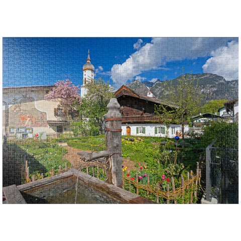 puzzleplate Polznkasparhaus mit Kirche St. Martin am Mohrenplatz in Garmisch-Partenkirchen 1000 Puzzle