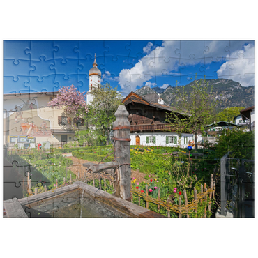 puzzleplate Polznkasparhaus mit Kirche St. Martin am Mohrenplatz in Garmisch-Partenkirchen 100 Puzzle