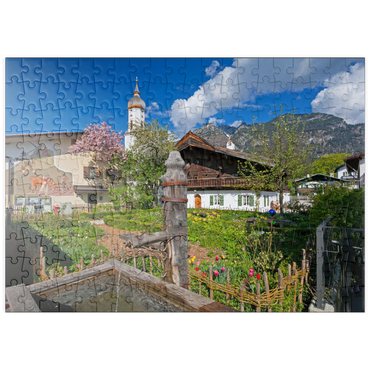 puzzleplate Polznkasparhaus mit Kirche St. Martin am Mohrenplatz in Garmisch-Partenkirchen 200 Puzzle