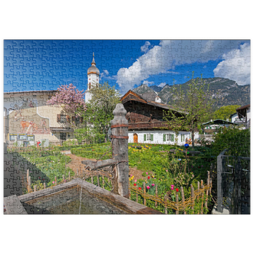 puzzleplate Polznkasparhaus mit Kirche St. Martin am Mohrenplatz in Garmisch-Partenkirchen 500 Puzzle