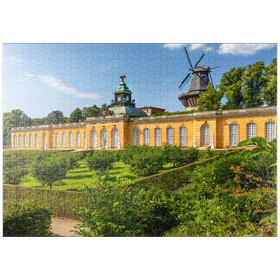 Darstellung des Puzzle-Motivs Rokokopalast Neue Kammern mit der Windmühle im Schlosspark von Potsdam – Puzzleteile: 1000