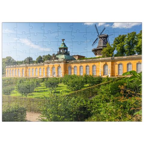 puzzleplate Rokokopalast Neue Kammern mit der Windmühle im Schlosspark von Potsdam 100 Puzzle