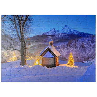 puzzleplate Kirchleitnkapelle am Weinfeld mit Watzmann (2713m) und Weihnachtsbaum 100 Puzzle