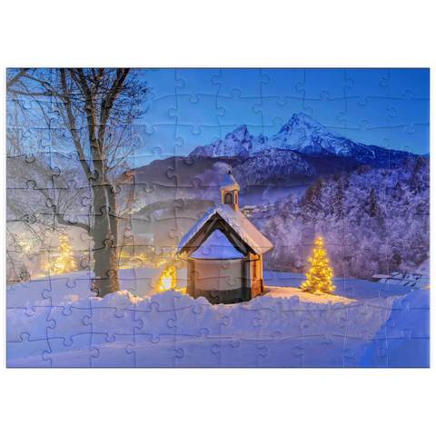 puzzleplate Kirchleitnkapelle am Weinfeld mit Watzmann (2713m) und Weihnachtsbaum 100 Puzzle