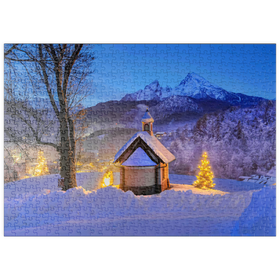 Darstellung des Puzzle Motivs Kirchleitnkapelle am Weinfeld mit Watzmann (2713m) und Weihnachtsbaum - Puzzleteile: 500