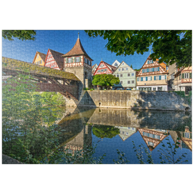Darstellung des Puzzle-Motivs Überdachte Holzbrücke über den Kocher, Kocherbrücke – Puzzleteile: 1000