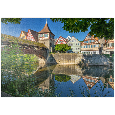 puzzleplate Überdachte Holzbrücke über den Kocher, Kocherbrücke 1000 Puzzle