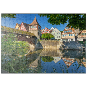 Darstellung des Puzzle-Motivs Überdachte Holzbrücke über den Kocher, Kocherbrücke – Puzzleteile: 200